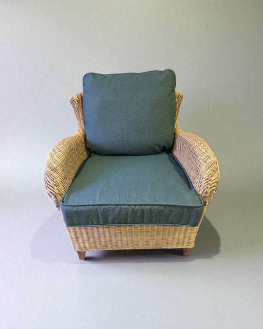 Vintage Rattan Lounge Chair with Sage Green Cushions – Coastal Style Comfort