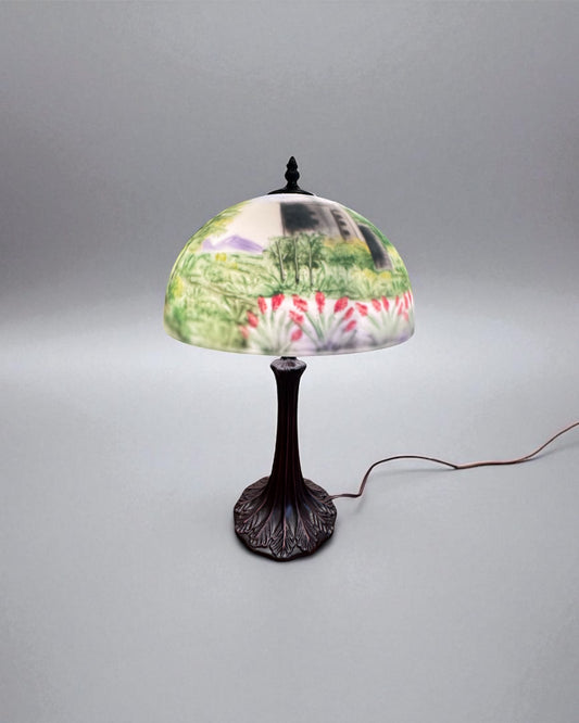 Hand-Painted Reverse Glass Accent Lamp – Floral Garden Landscape
