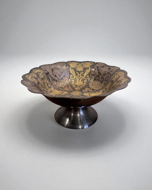 Vintage Brass & Copper Etched Pedestal Bowl – Floral Medallion Design