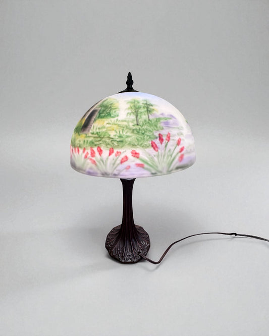 Hand-Painted Reverse Glass Accent Lamp – Floral Garden Landscape
