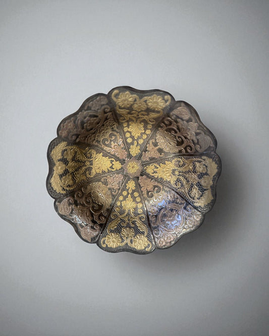 Vintage Brass & Copper Etched Pedestal Bowl – Floral Medallion Design