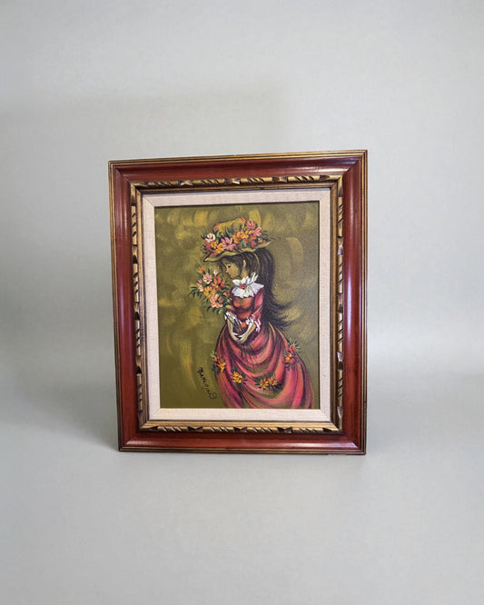 Vintage Framed Oil Painting – “Lady in Pink with Flowers” Signed by Manique