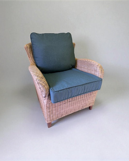 Vintage Rattan Lounge Chair with Sage Green Cushions – Coastal Style Comfort