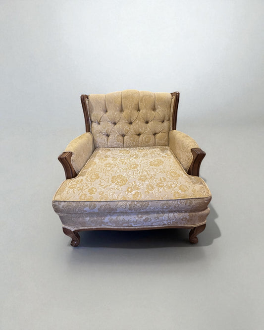 Vintage Tufted Bergère-Style Armchair - Gold Damask Upholstery &amp; Carved Wood Frame