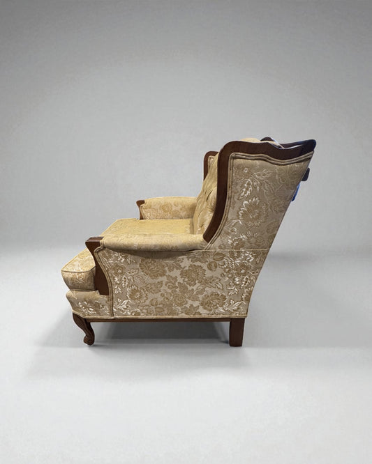 Vintage Tufted Bergère-Style Armchair - Gold Damask Upholstery &amp; Carved Wood Frame