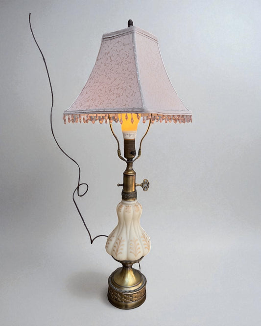 Vintage Mid-Century Milk Glass Table Lamp with Brass Base